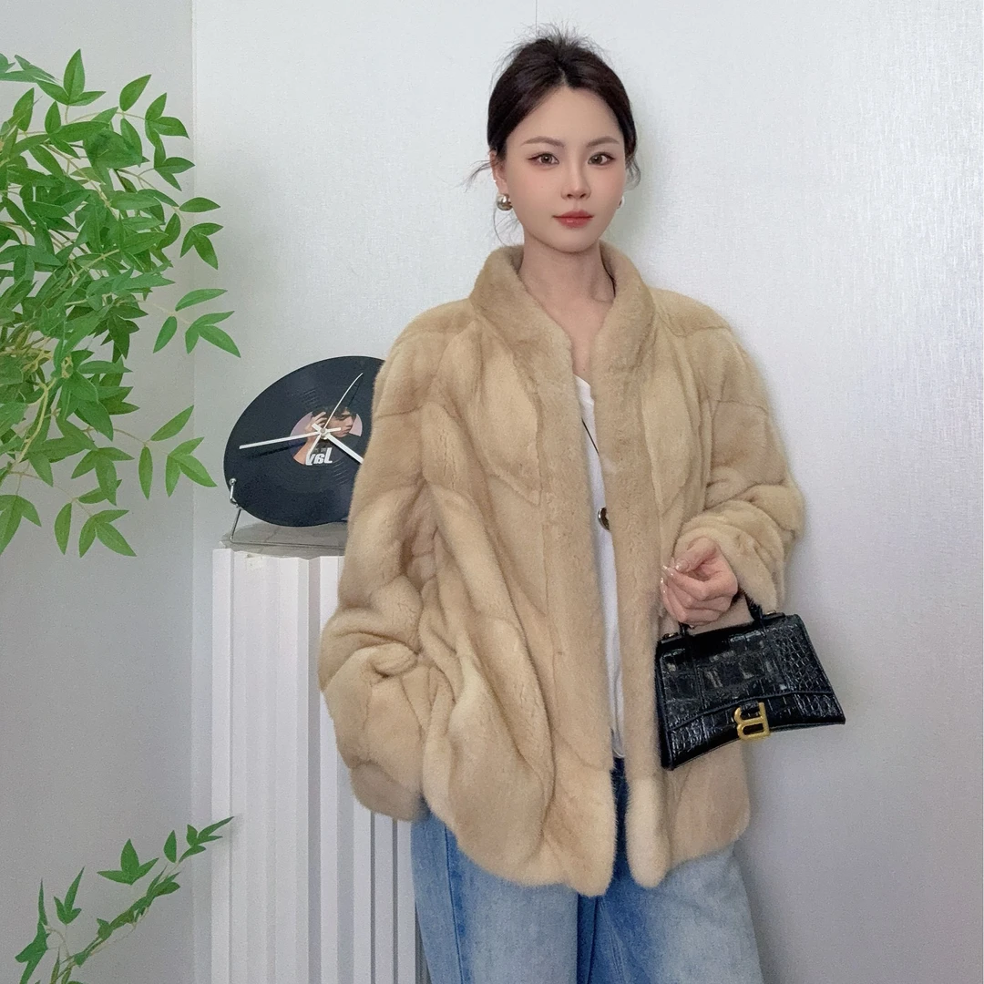 SAILUO DINA/立领邻家紫金短二皮草水貂外套进口水貂长袖纯色