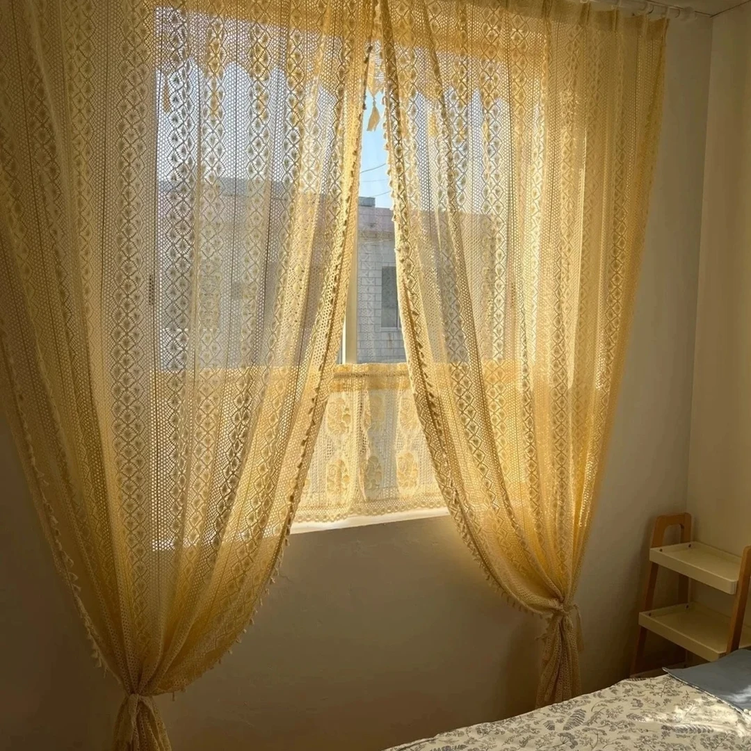 240*260米色凤尾棉线钩针拼接窗帘复古蕾丝装饰帘