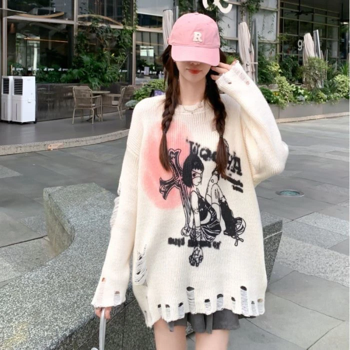 2024新款破洞套头涂鸦印花毛衣针织衫秋冬款圆领长袖潮流上衣外套