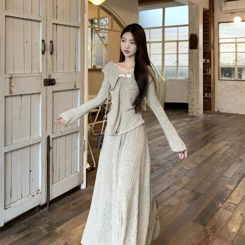 甜美时尚套装设计感不规则针织毛衣高腰半身长裙秋秋女两件套
