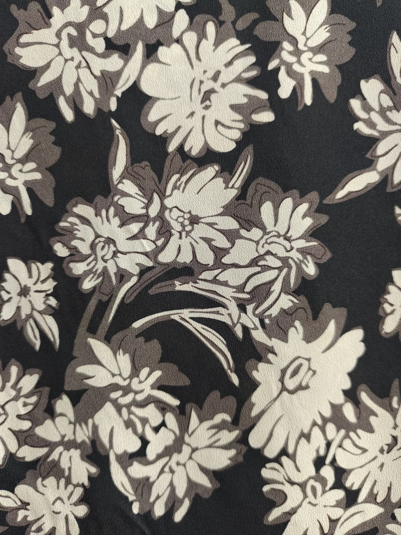 弹力双绉黑底杏咖色花时装布料