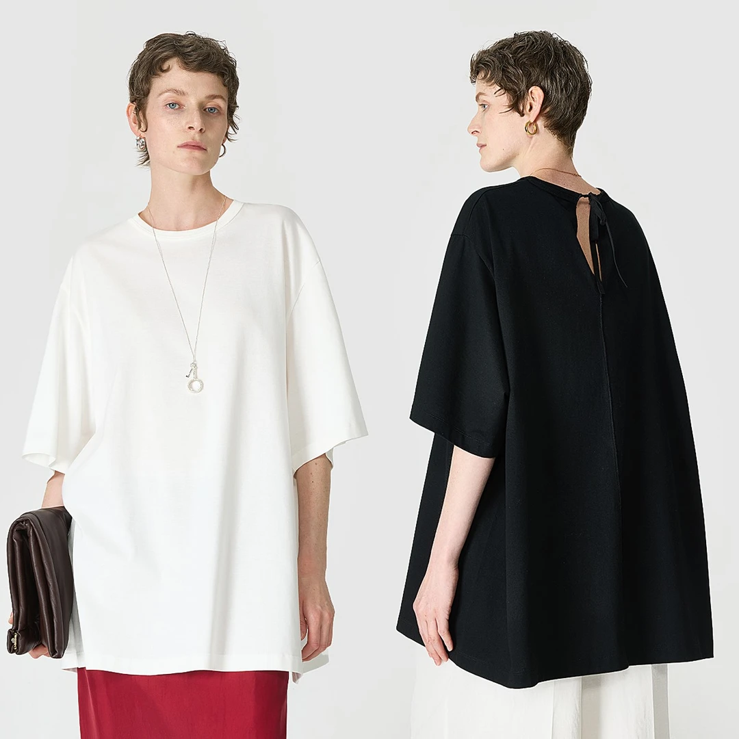 KEIGAN/开间强推日本进口透气舒爽纯棉后系带圆领廓形短袖T恤