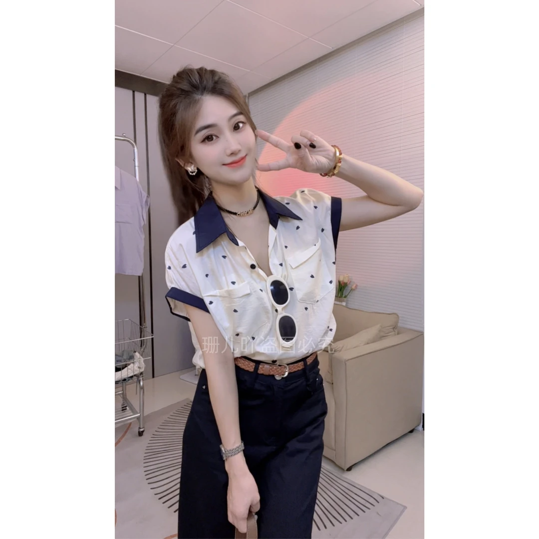 时尚波点印花短袖衬衫女2025夏季新款韩版宽松显瘦百搭洋气上衣潮