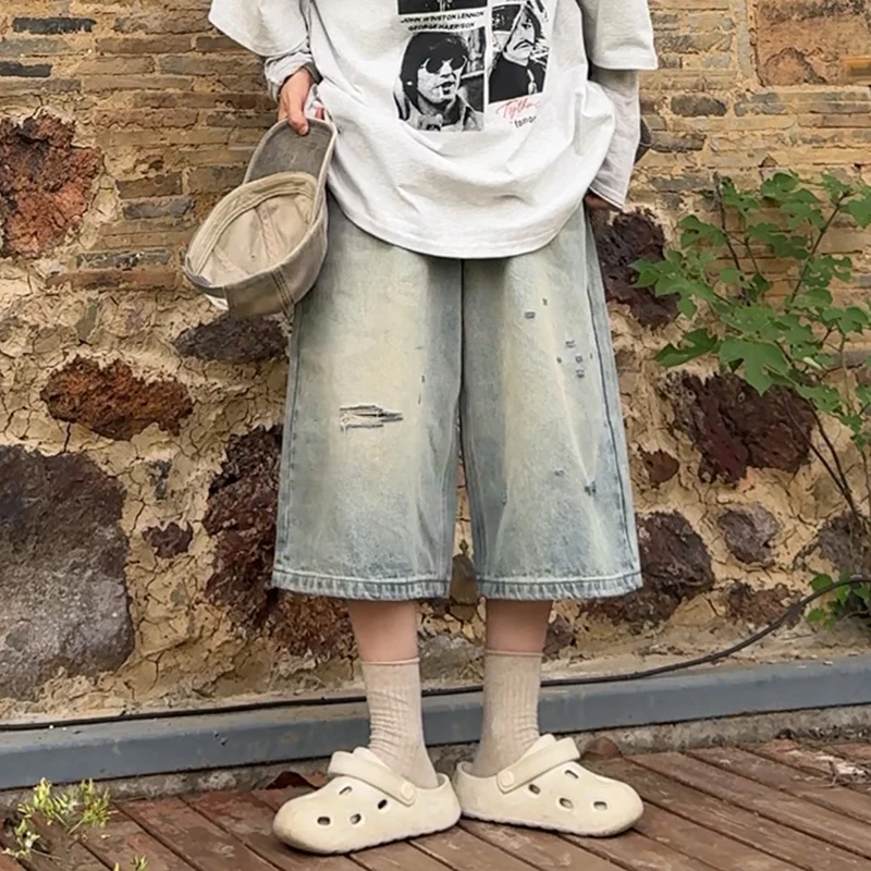 2025年夏季新款百搭休闲复古做旧水洗宽松破洞高街七分牛仔裤子女