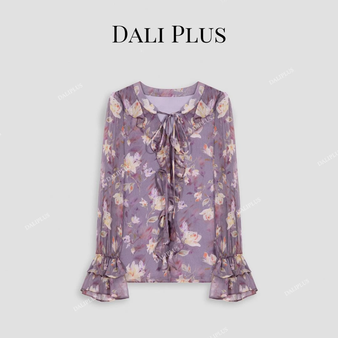 DALI PLUS邂逅浪漫因子紫色花卉荷叶边法式优雅温柔衬衫-D5ST1089