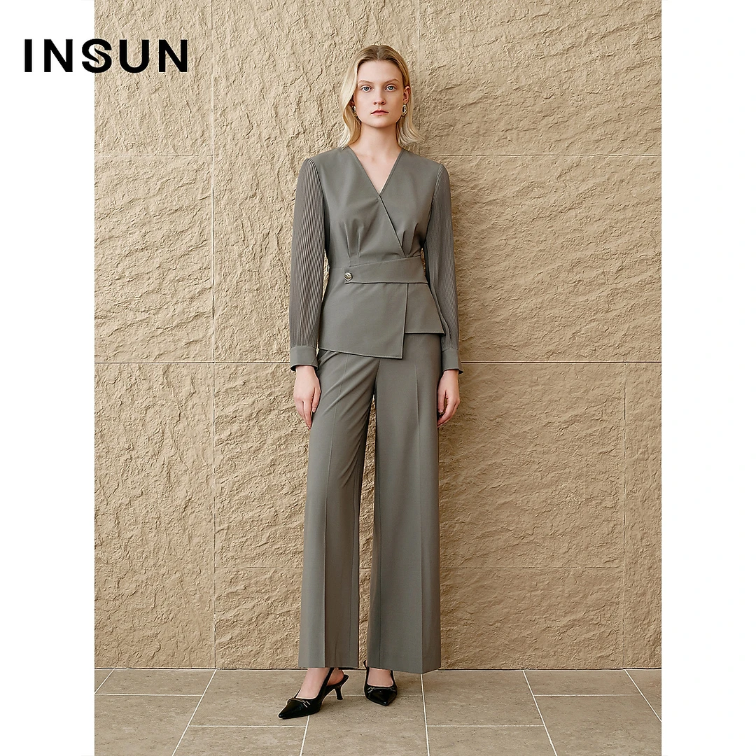 INSUN恩裳专选2025春季格雷系莫代尔混纺阔腿西装裤