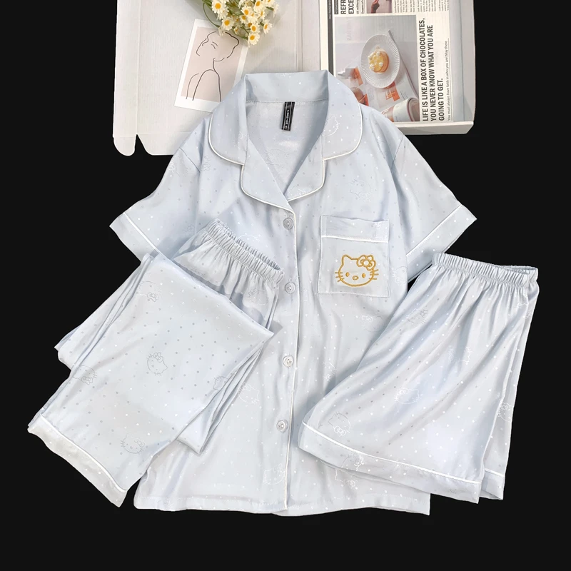 【3号多款】2025爆款冰雪丝夏翻领短袖薄款三件套带胸垫冰雪丝睡衣