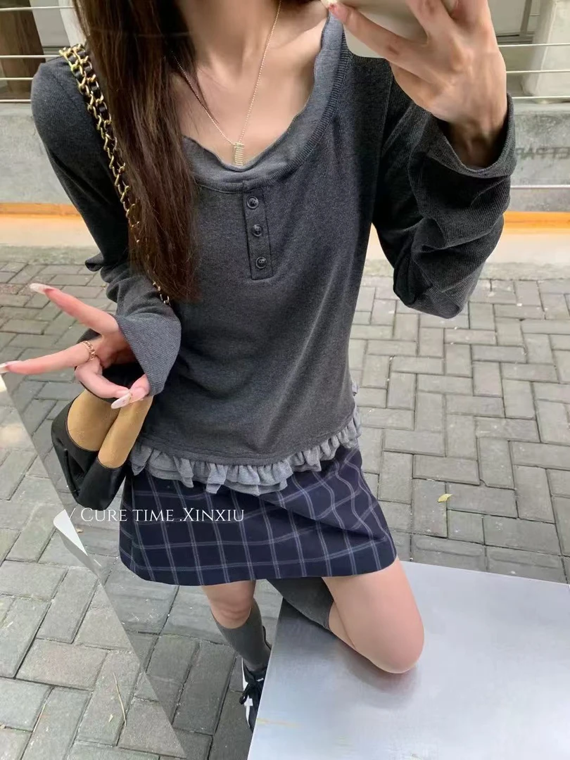 A461-假两件长袖t恤女秋韩系修身U领木耳边打底内搭上衣