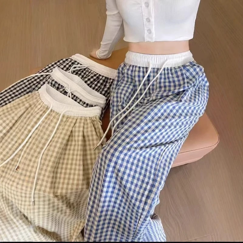 蓝色格子裤女夏季薄2024新款高腰垂感宽松bf慵懒风休闲遛弯阔腿裤