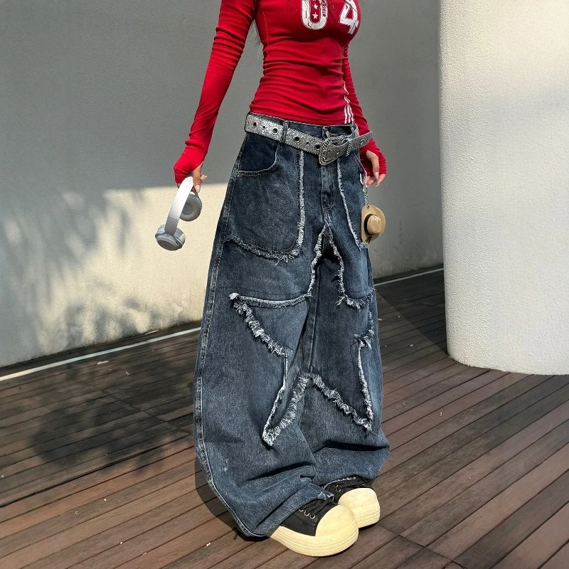 美式高街设计感工装牛仔裤男女秋季款复古星星宽松垂感阔腿长裤