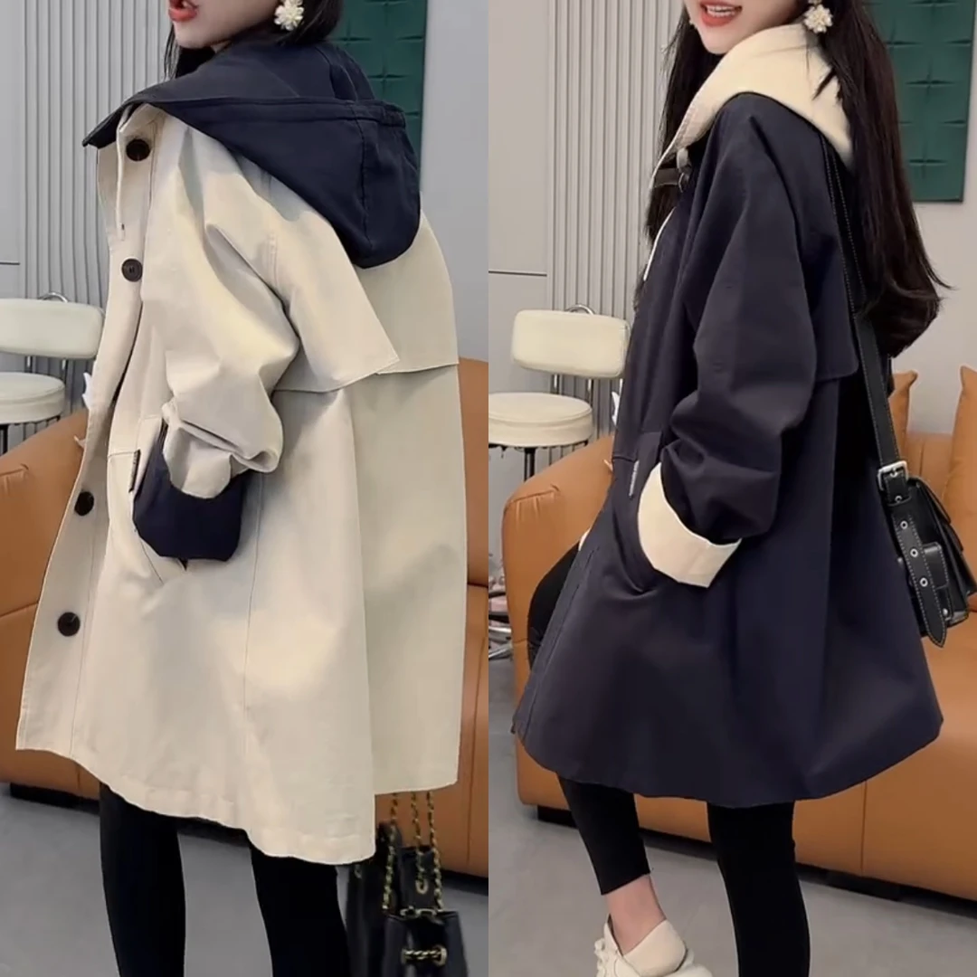 2025秋季中长款风衣外套小个子微胖连帽宽松休闲百搭撞色显瘦风衣