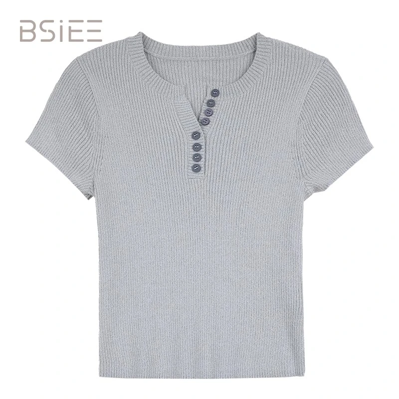 BSIEE/本涩简约V领短针织衫新品V领时尚修正肩短袖上衣
