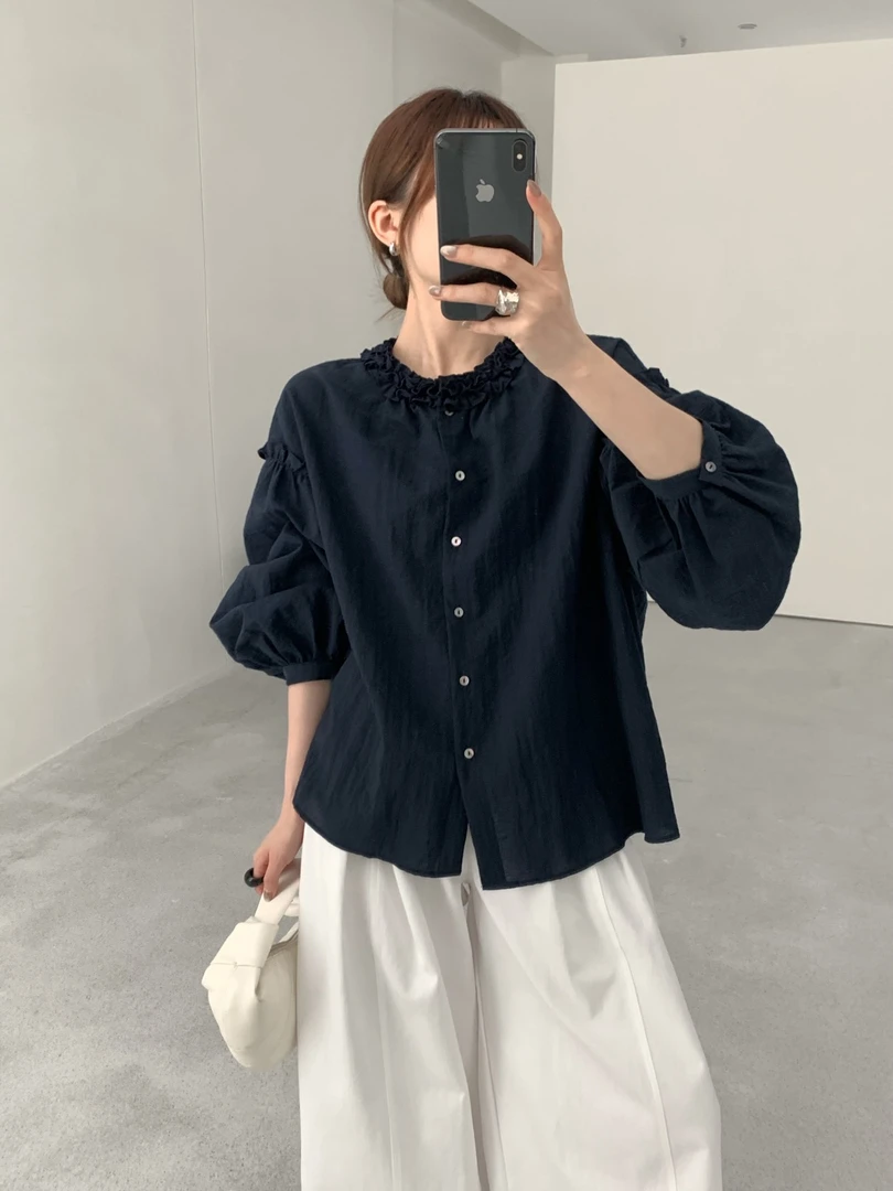 韩国 seven韩系简约百搭圆领减龄设计感小众拼接木耳边长袖衬衫