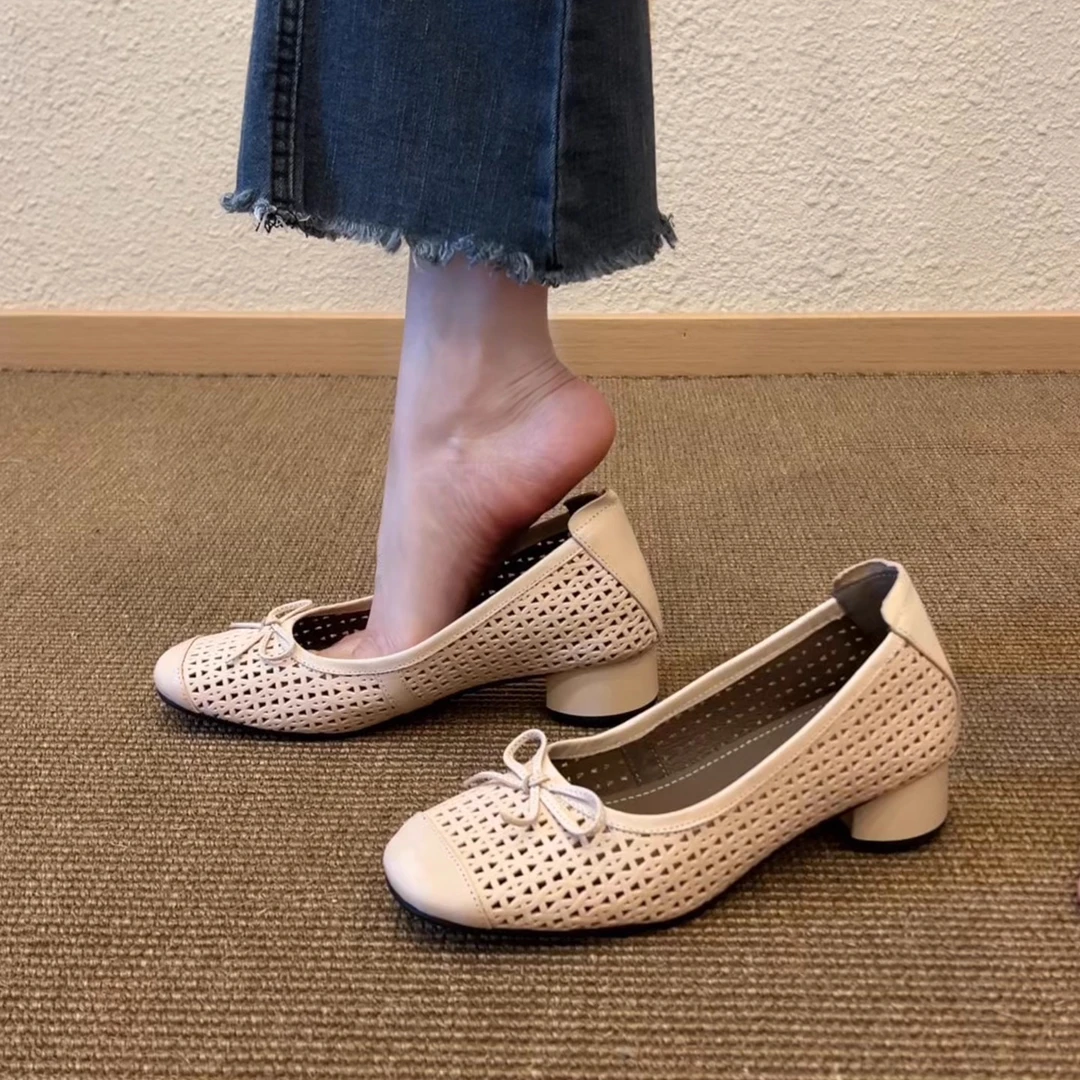 Pokoy-3.5cm法式复古浅口蝴蝶结舒适女单鞋粗跟低跟方头镂空