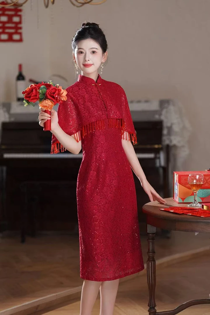 【家有喜事】中国风网红新娘显瘦敬酒服红色旗袍披肩两件套A21
