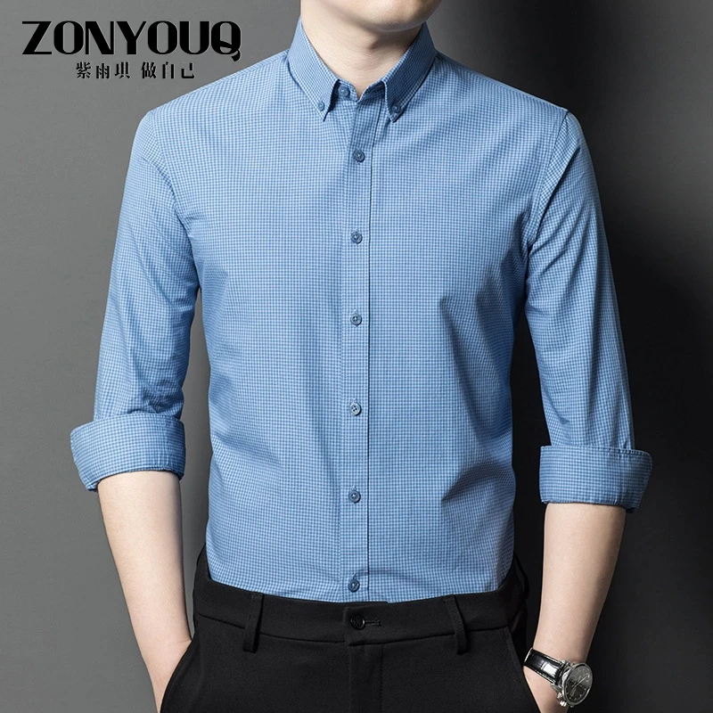 ZONYOUQ格子轻商务时尚长袖衬衫衬衣男