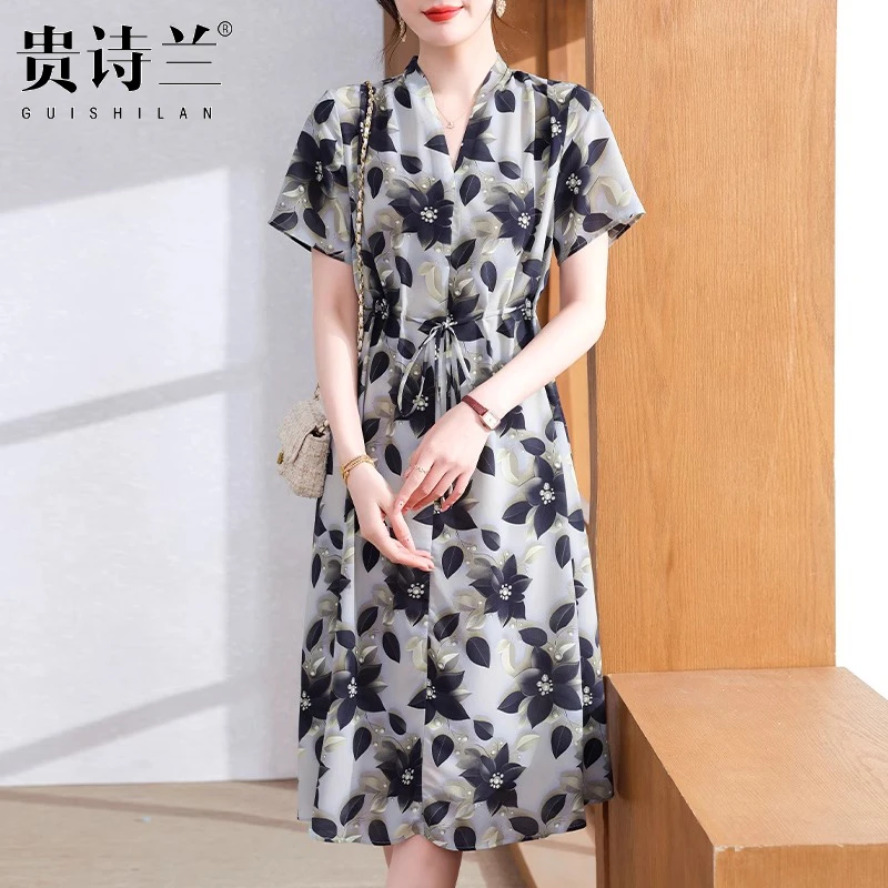 妈妈夏装短袖连衣裙2025新款中老年女夏季宽松减龄时尚碎花雪纺裙