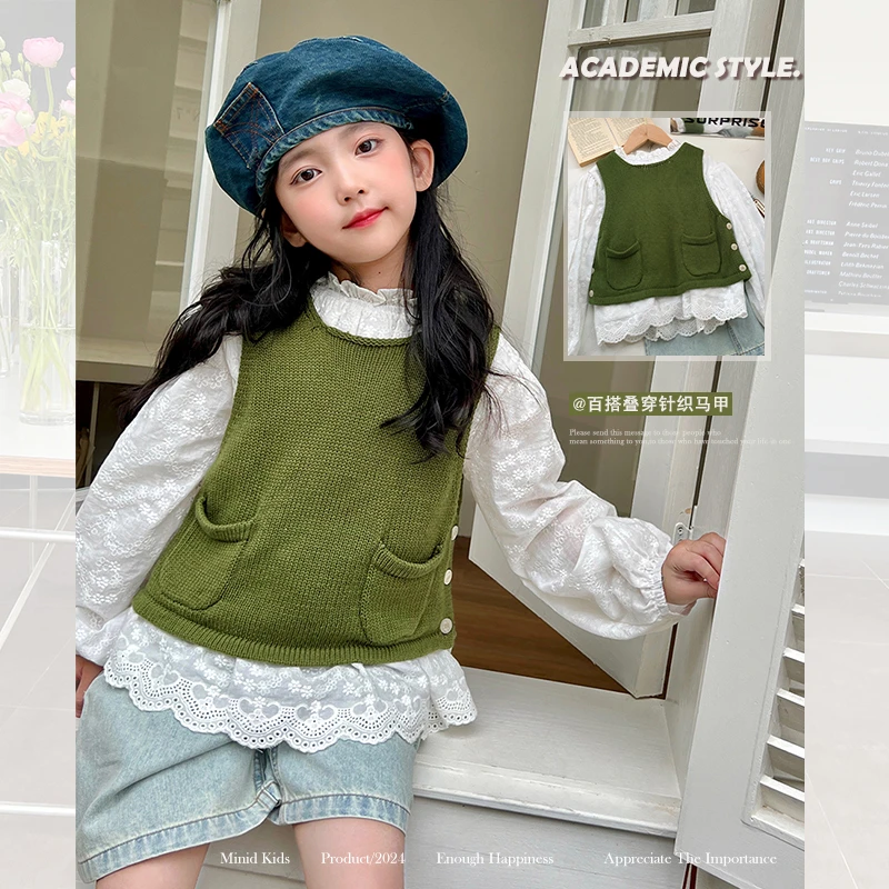 mini旦童装女童针织马甲春季新款小女孩外穿宽松百搭毛衣背心