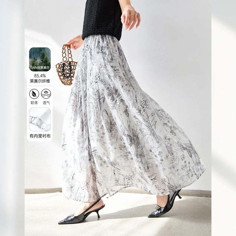 *水墨印花雪纺半身裙女2025夏季新款高腰垂感优雅碎花裙子M9879