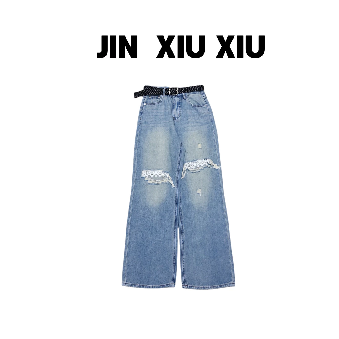JINXIUXIU春夏新款蕾丝拼接破洞牛仔裤  1209