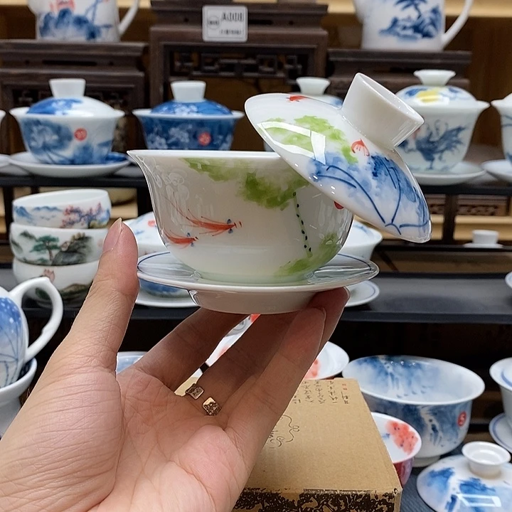 手绘五彩荷花150cc三才悬停盖碗釉下彩微瑕福利款