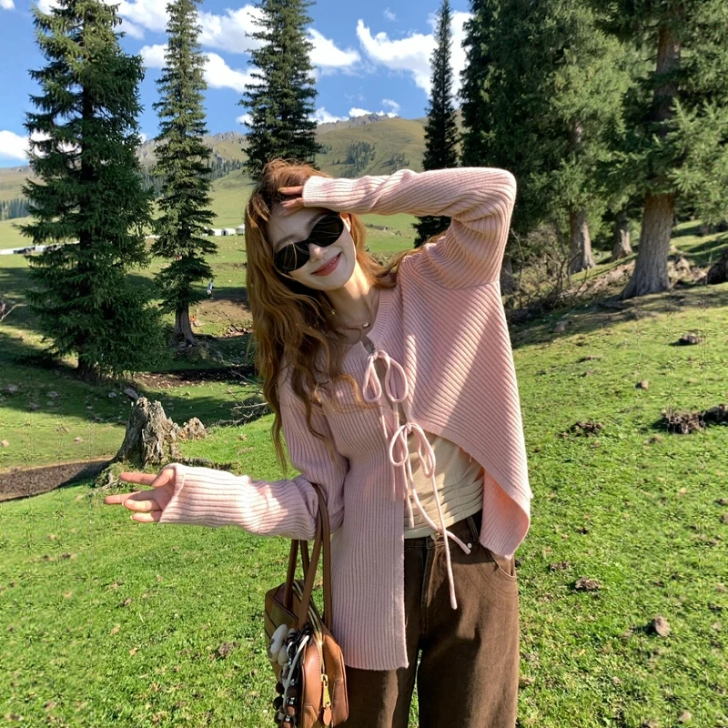 粉色绑带针织开衫外套女巨好看的早秋季韩系慵懒穿搭毛衣外套上衣