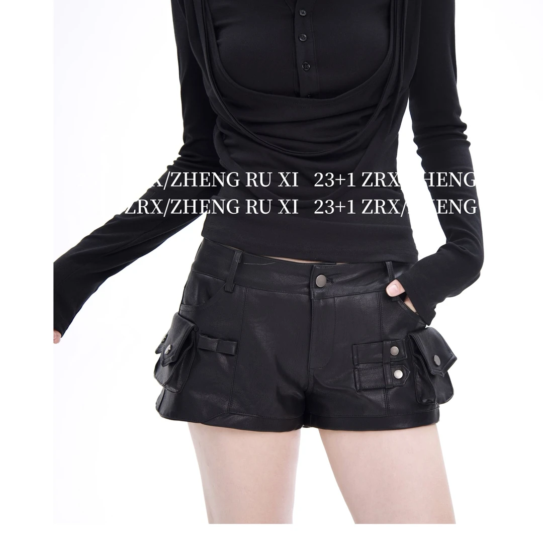 付新博女装立体口袋皮短裤女小众辣妹复古时尚PU皮休闲裤13594