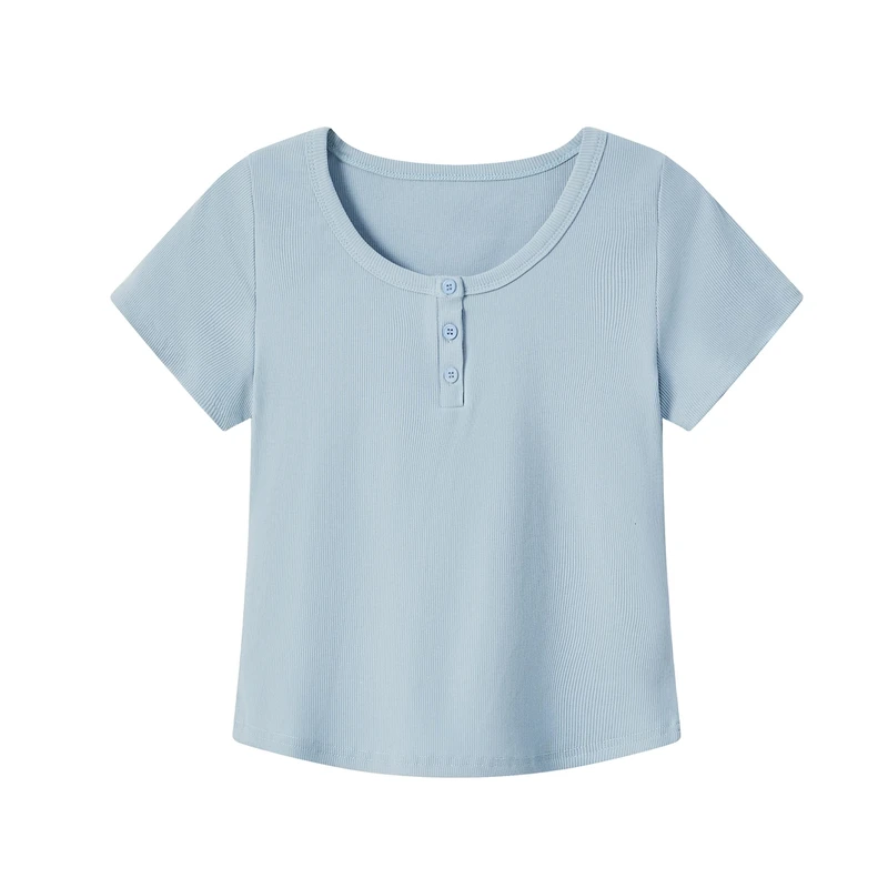 2025夏季新款显瘦时尚百搭短款修身纯色纽扣上衣T恤女