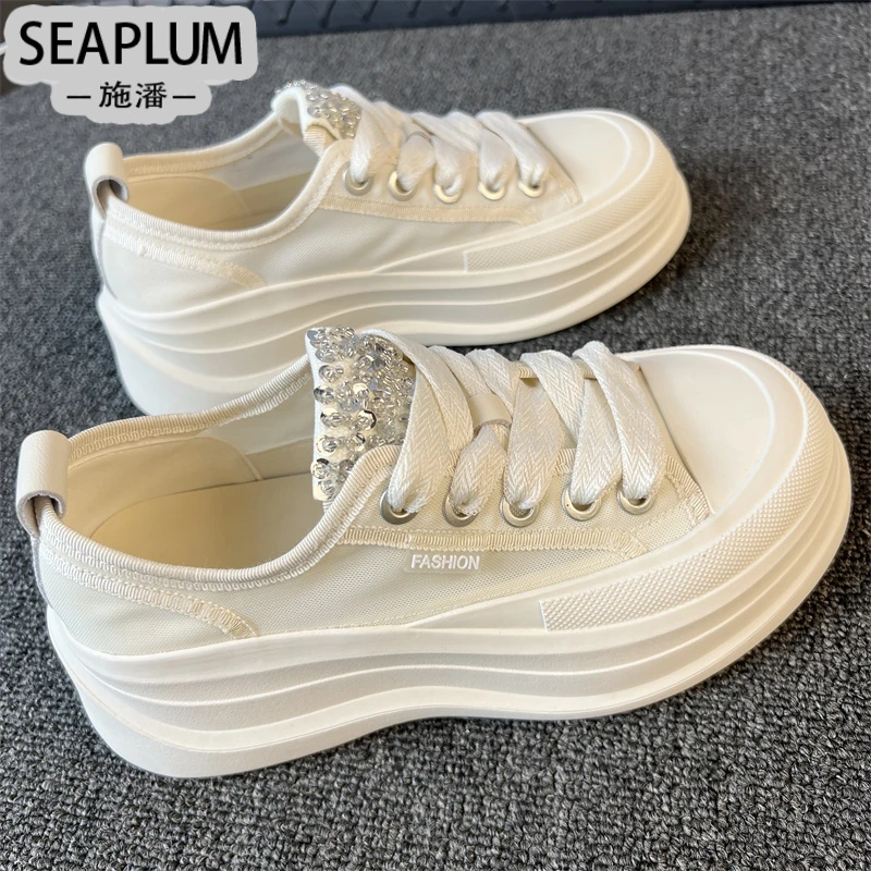 SEAPLUM网面春季小众透气厚底小白鞋女2025新款百搭女士板鞋子白