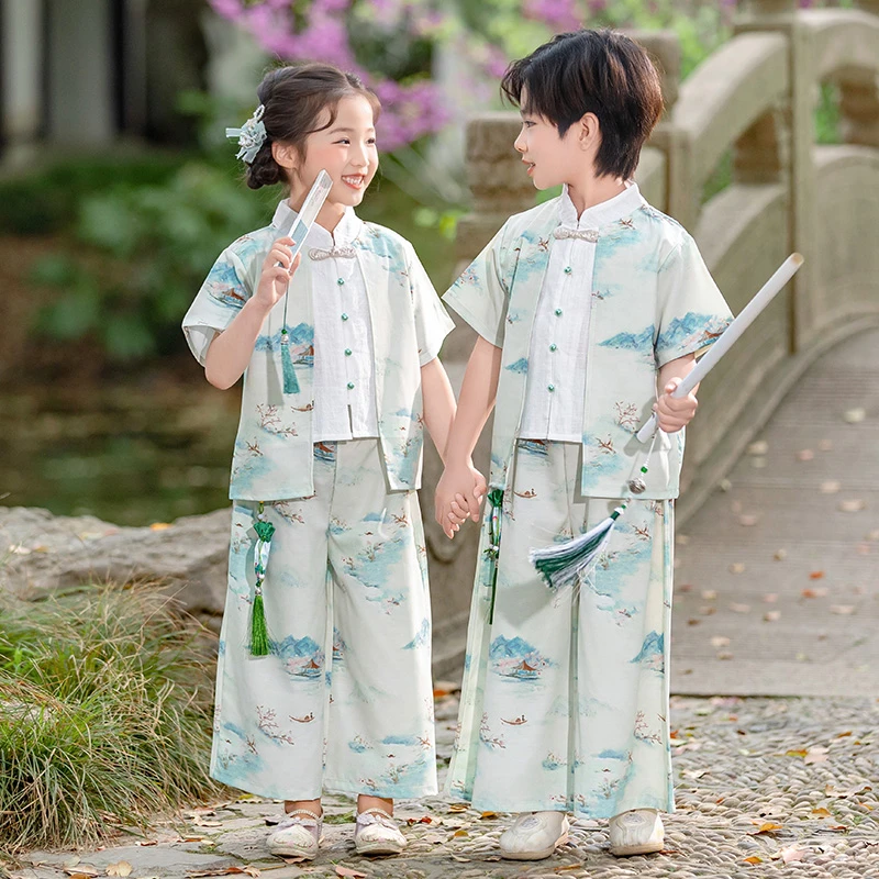 儿童汉服夏款亲子装中国风男童女童唐装古风夏装改良古装演出服