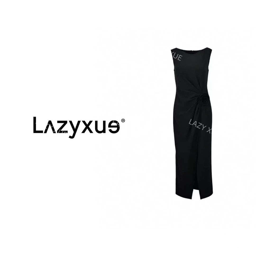 LAZYXUE薛懒懒/"赫本风"气质轻奢女黑色开叉修身无袖连衣裙 SL002