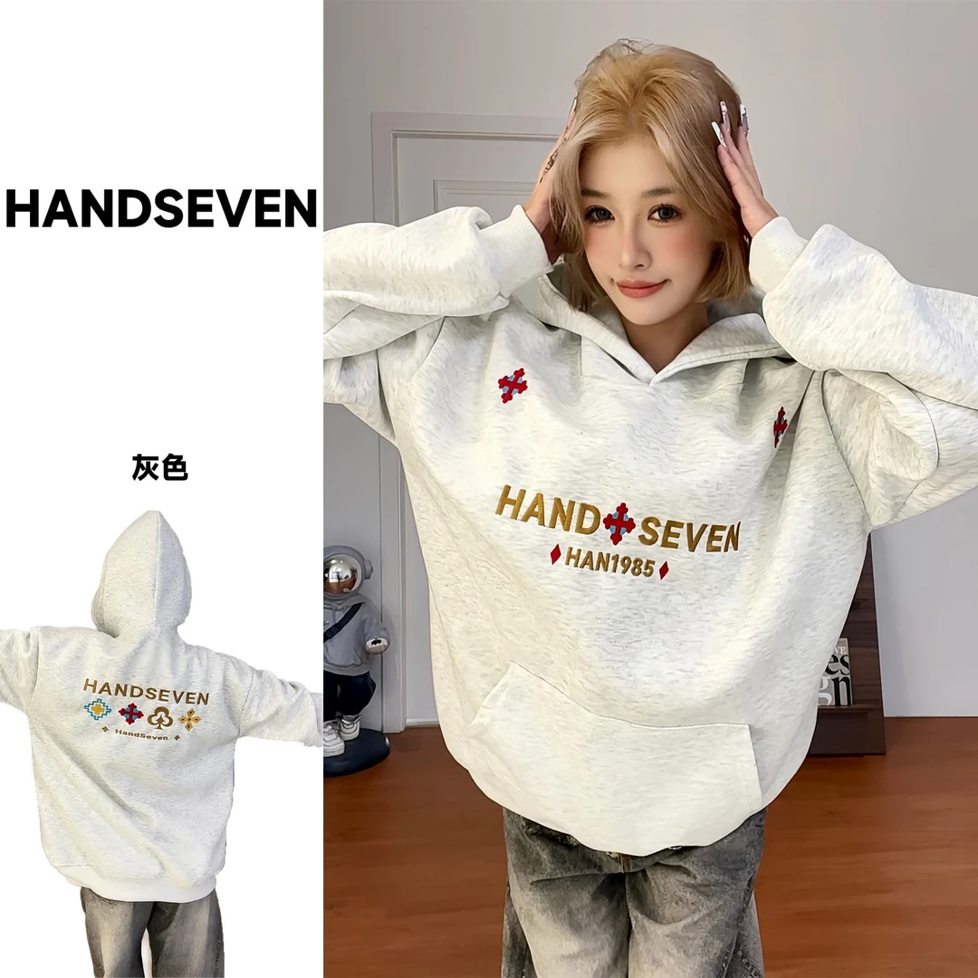HandSeven美式秋冬民族风重磅卫衣加绒潮牌男女刺绣连帽卫衣保暖