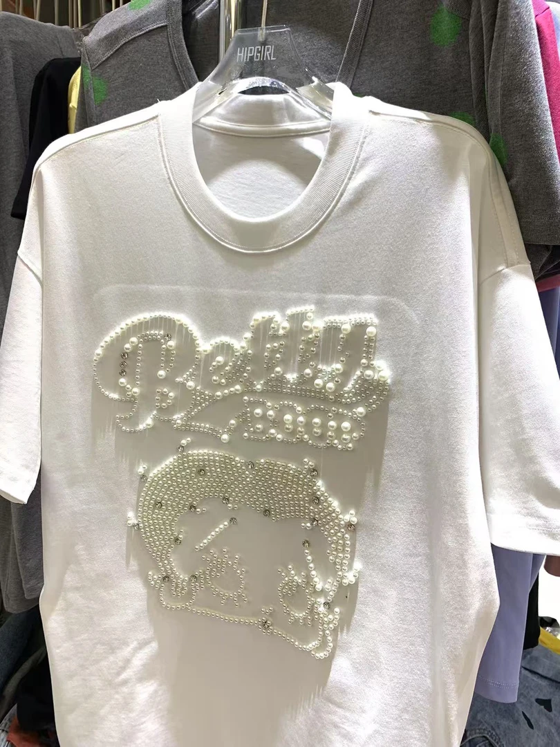 包嫂-【W400白色珠珠小可爱】2025年新T恤重工百搭春夏季款短袖半袖