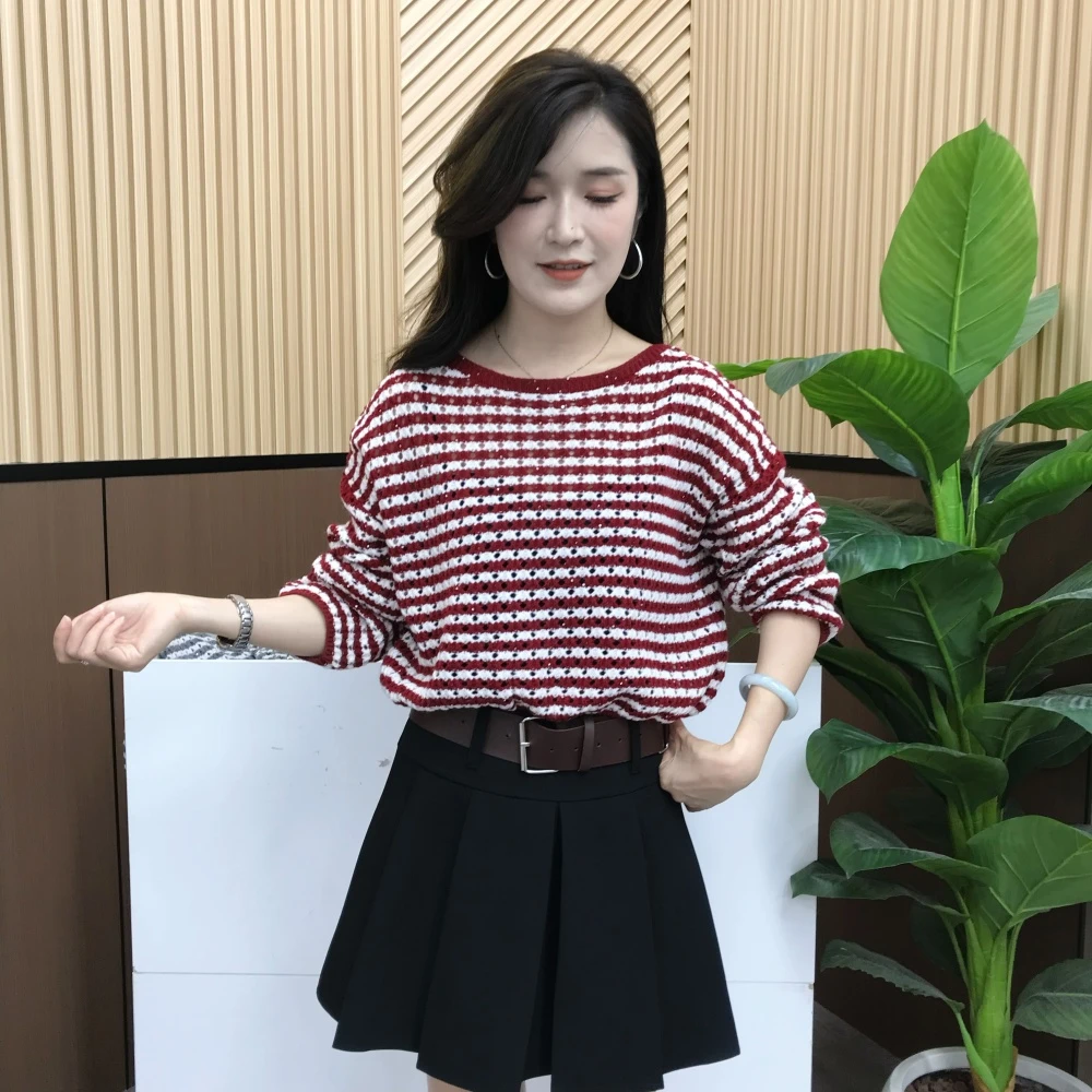 条纹露肩针织衫T恤女长袖斜肩镂空罩衫款韩系氛围感早秋穿搭薄款