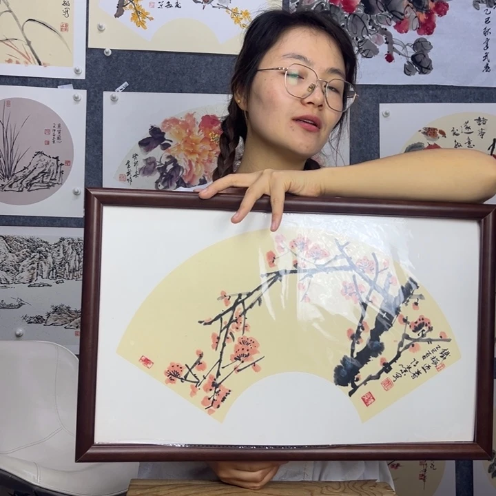 国画手绘带框迎春报喜