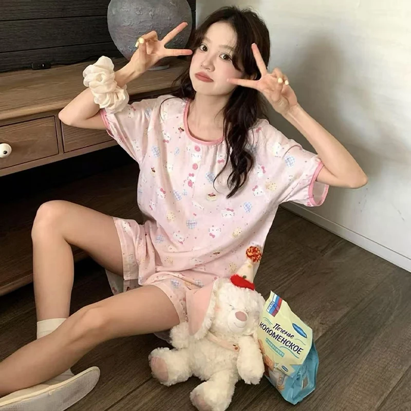 睡衣女款夏季2025新款短袖可爱卡通风猫咪云朵棉可外穿家居服套装