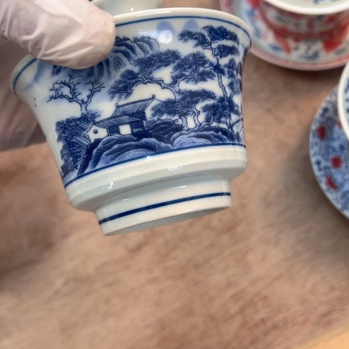瓷片白青花山水马蹄盖碗两才