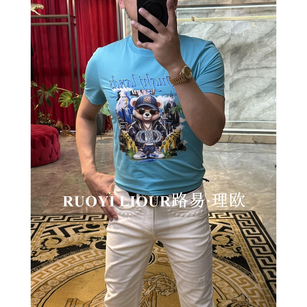 【路易理欧】2025欧货男装时尚字母小熊休闲T恤0116