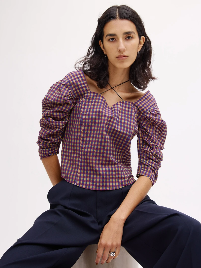 【MonTendre】夏季新款 代 经典泡泡袖短款衬衫时尚百搭格子上衣