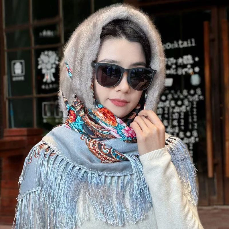 皮草帽子围巾一体女冬季仿水貂毛貂皮连体围脖大头围保暖防寒时尚