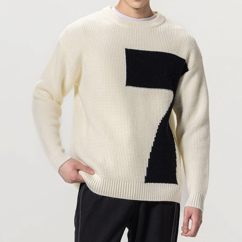仓石一树潮牌圆领毛衣男士秋冬新款时尚数字设计感百搭宽松针织衫