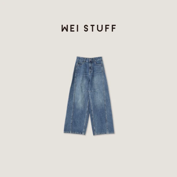 WEI STUFF 浪迹早春纯棉休闲蓝中缝分割显瘦做旧阔腿牛仔裤 7890