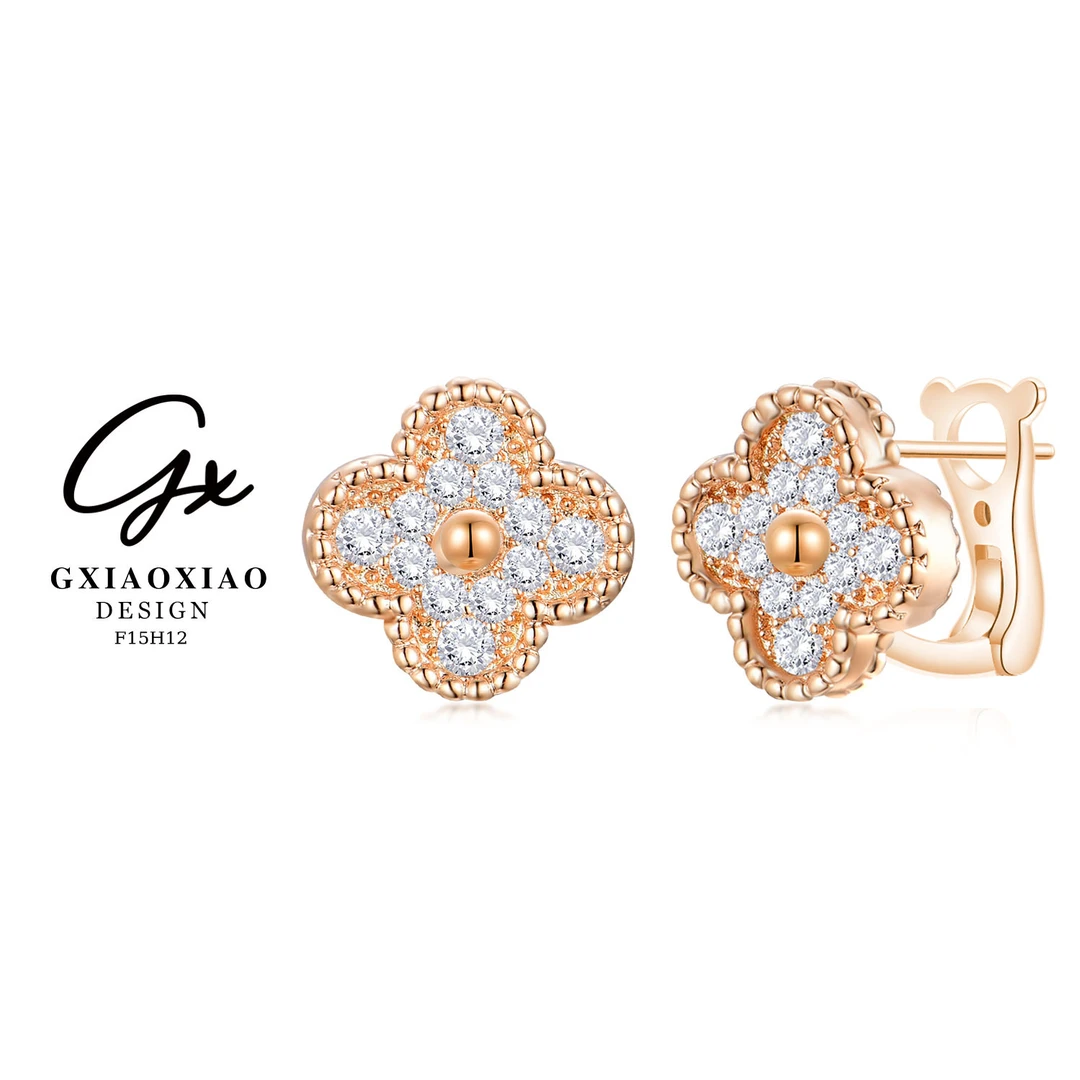 镀K金 925银针 轻奢气质香槟金色四叶花耳环 F15H12