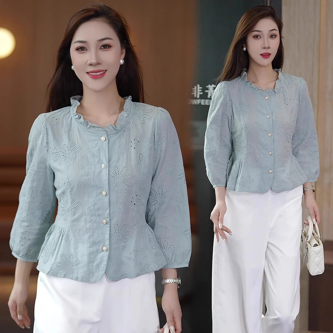 时尚套装女2025早秋新款时髦洋气镂空刺绣衬衫阔腿裤气质两件套潮