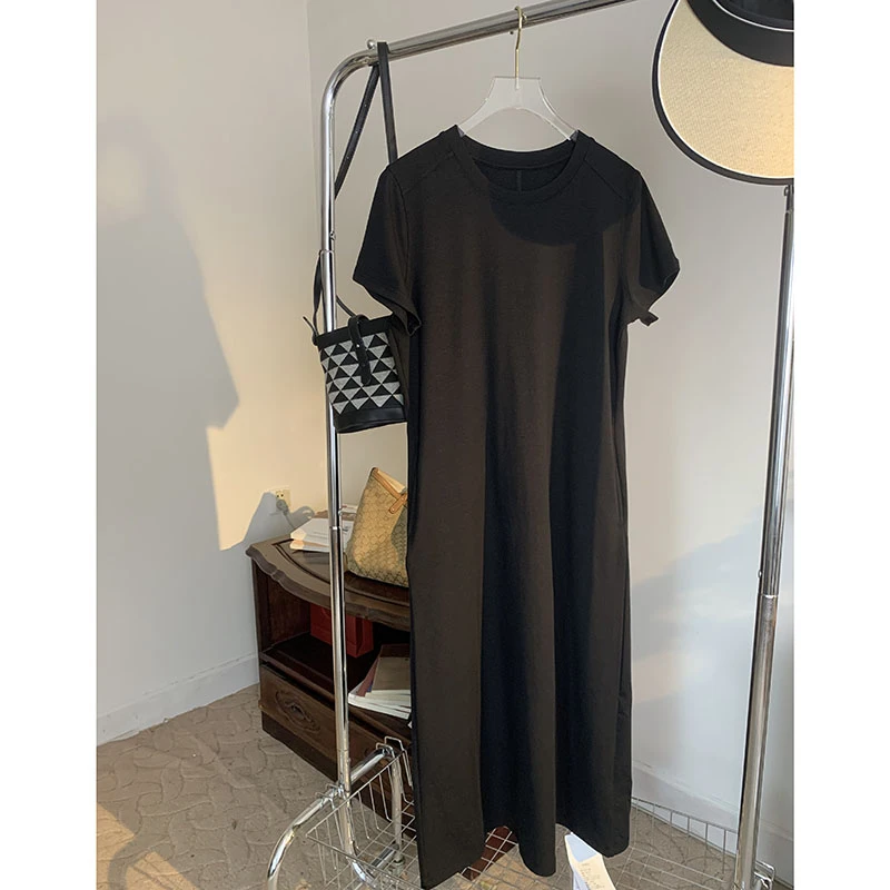 徐帆女装/天 丝短袖纯色中长裙休闲风连衣裙A字袖不规则开叉长裙