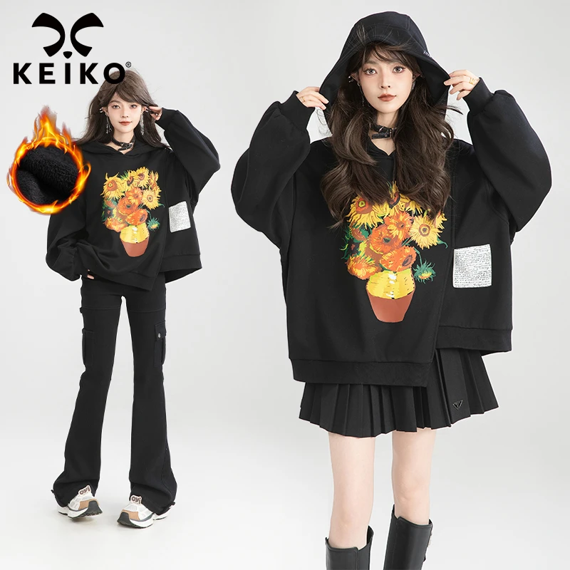 KEIKO文艺复兴 向日葵印花黑色卫衣25秋季高级感加绒加厚连帽外套