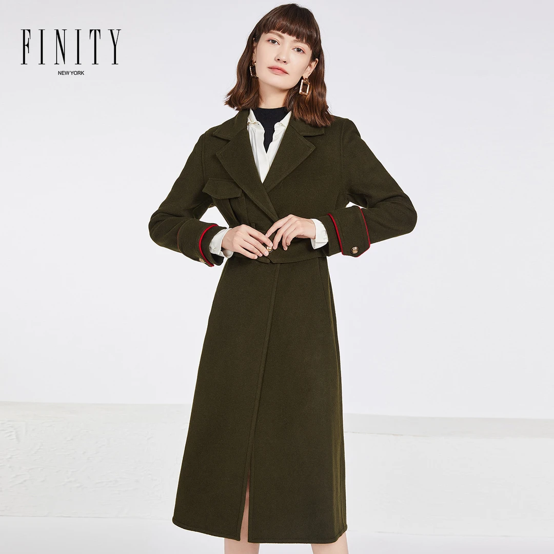 【粉丝专享】FINITY 时尚设计师军绿色中长款毛呢大衣 F20QDT016D