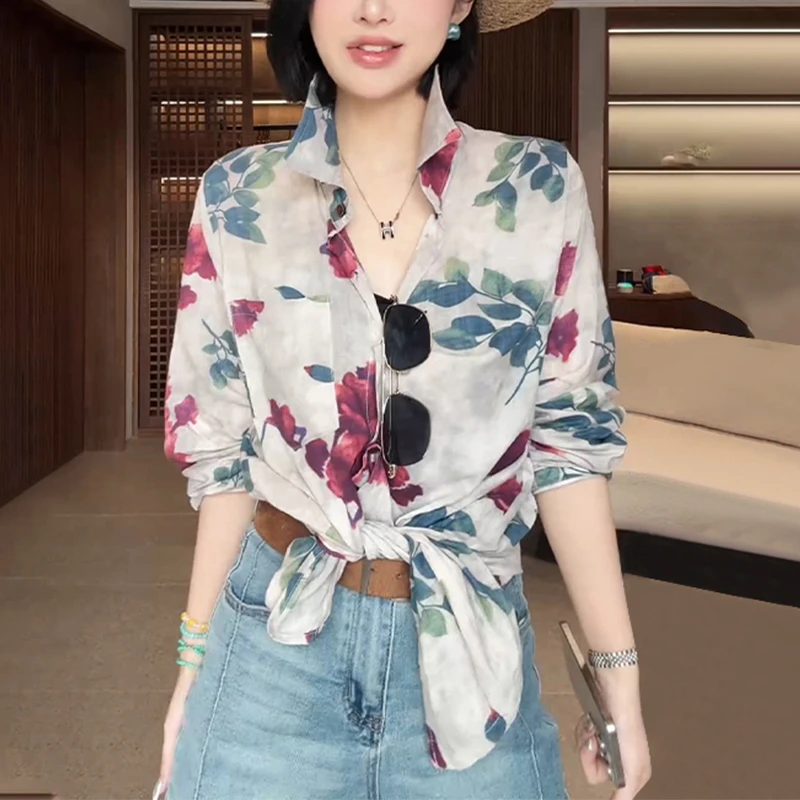 韩版时尚慵懒风薄款防晒衬衫春夏新款Polo领减龄印花宽松上衣女