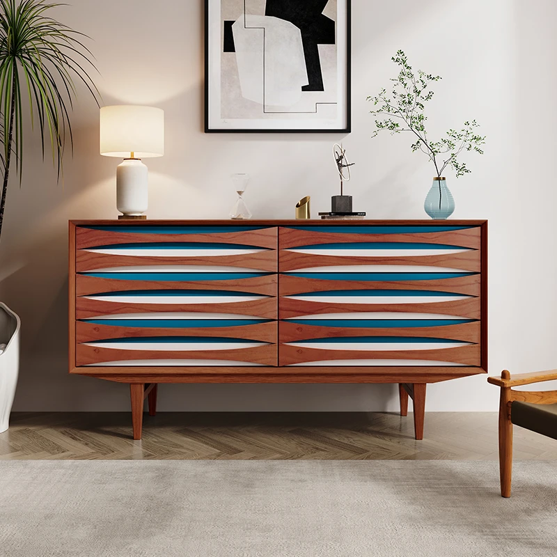 摩登笑脸六斗柜客厅樱桃木靠墙装饰置物柜中古现代家用抽屉储物柜
