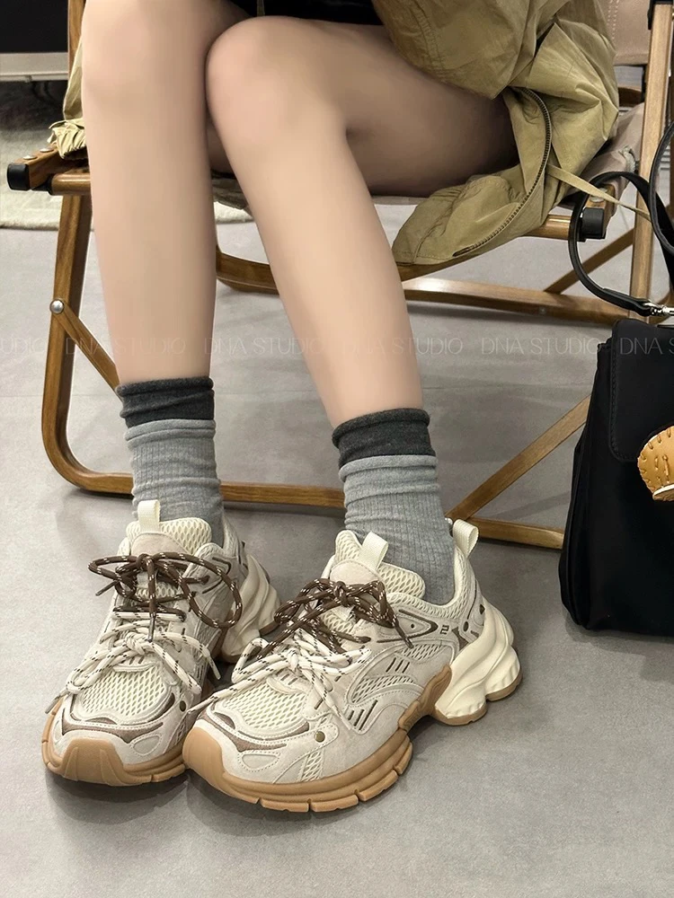厚底磨砂牛皮时尚老爹鞋女鞋2025新款爆款运动鞋休闲双鞋带潮鞋女